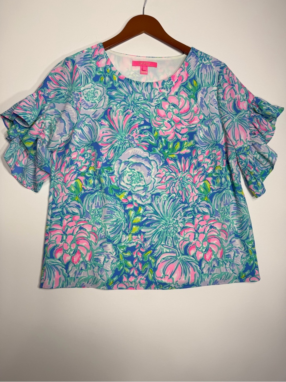 Lilly Pulitzer Multicolor Floral Scoop Neck Top - Blue Pink size S Exellent